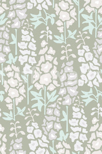 Delphinium Garden Retro Summer Floral White Gray Wallpaper⁠