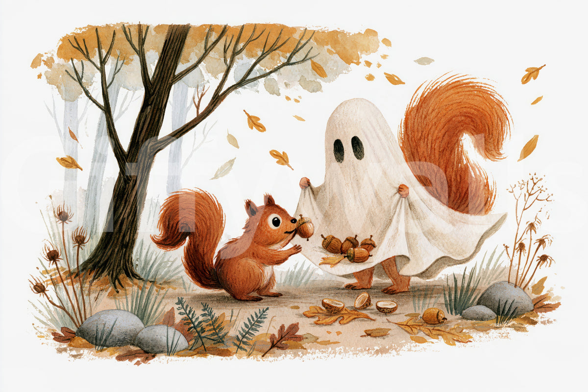 Little Ghost and Squirrel Share Autumn Acorns Wall Mural