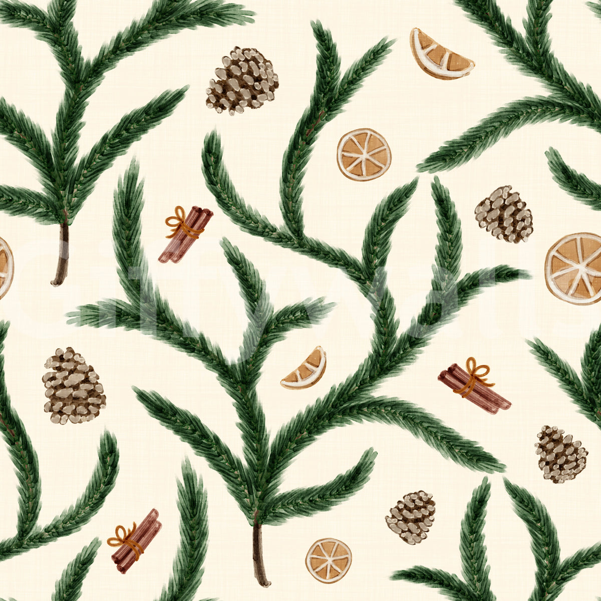 Watercolor Pine Branches with Oranges Cinnamon and Pine Cones Wallpaper⁠