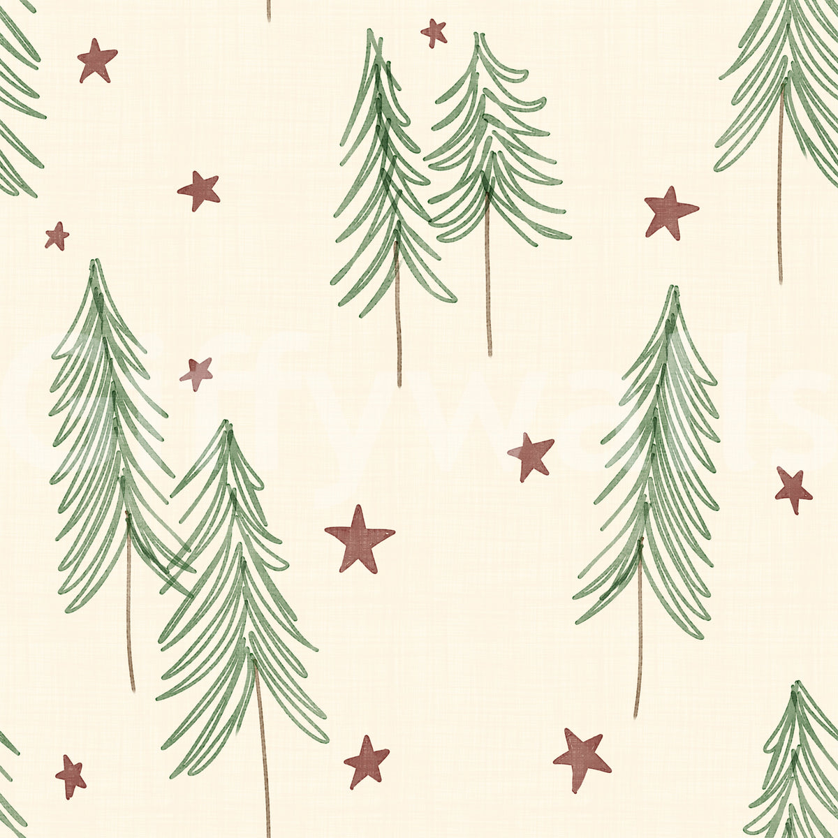 Woodland Pine Trees and Stars Winter Pattern - Green Red Wallpaper⁠