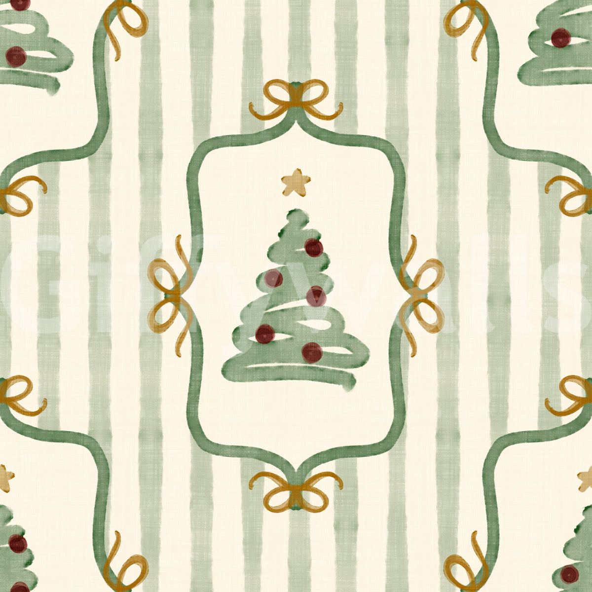 Preppy Christmas Tree Bows Ribbon Stripes - Forest Pine Green Wallpaper⁠