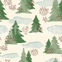 Snowy Winter Forest Pine Trees and Berries Pattern Wallpaper⁠