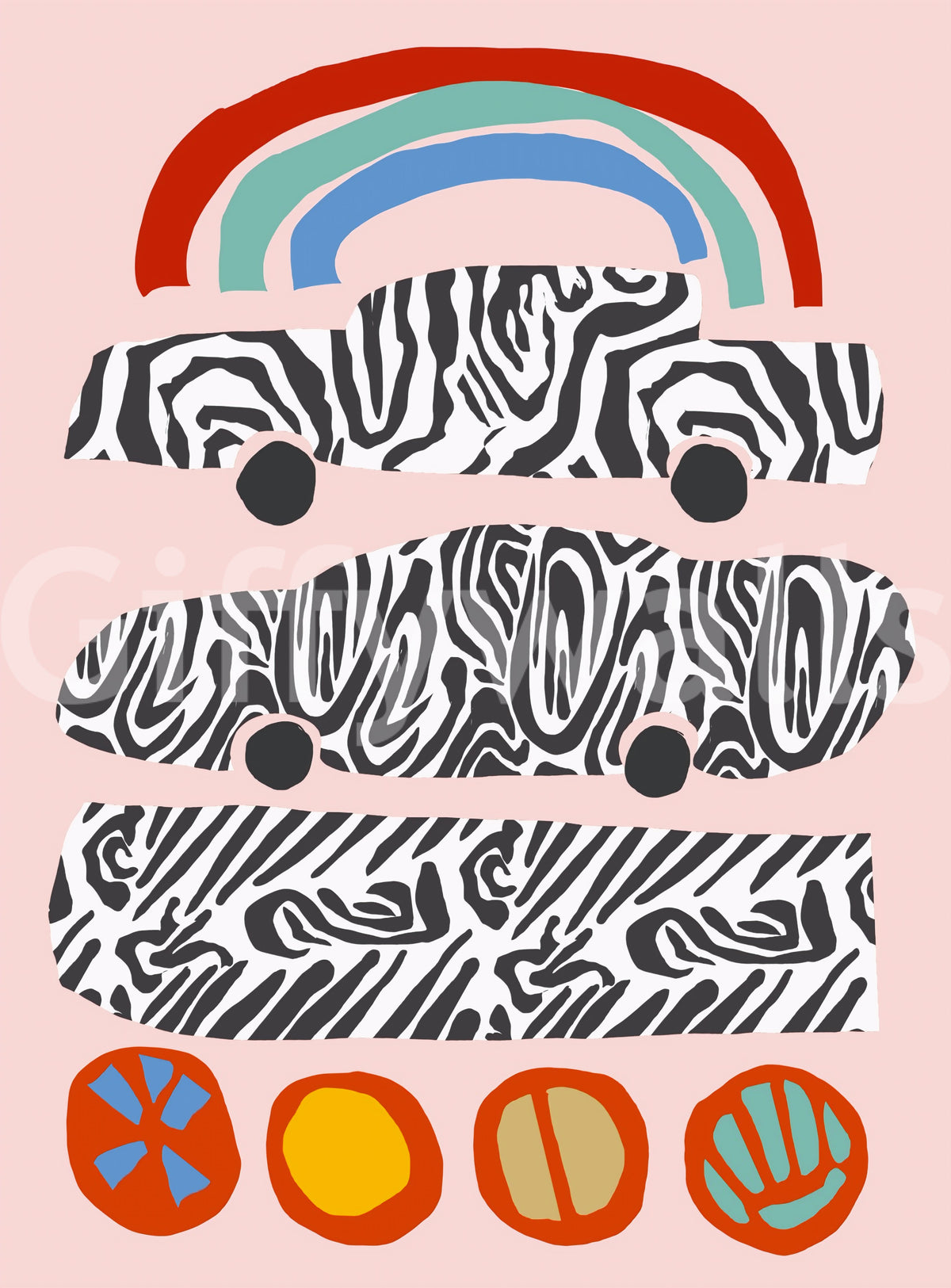 Modern Rainbow and Zebra Patterned Cars Wall Mural
