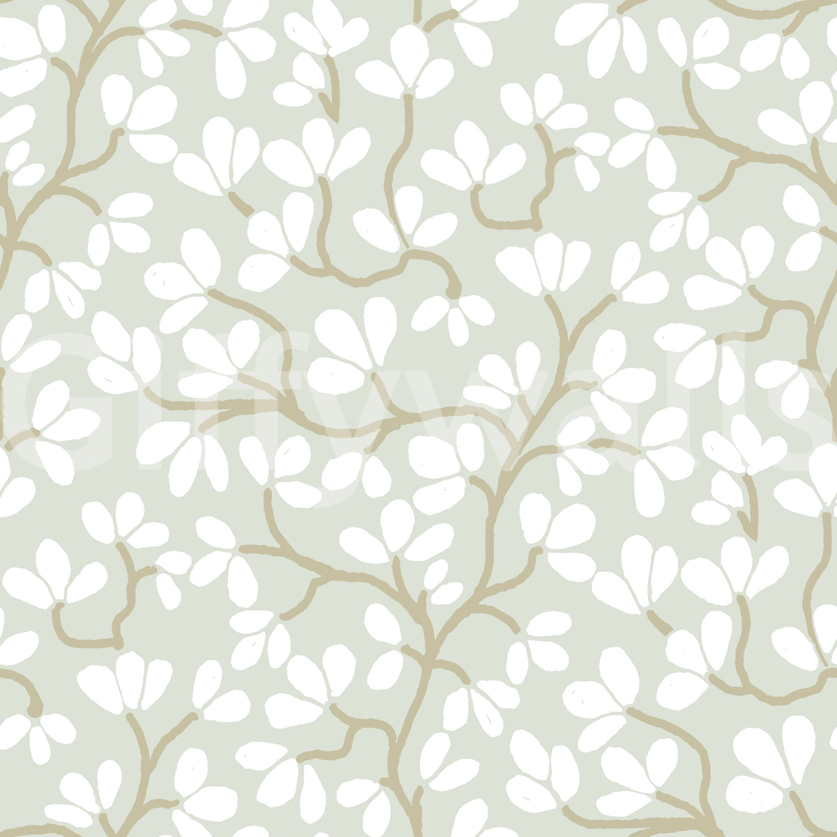 Soft Sage and White Hand-Drawn Floral Sprig Wall Mural