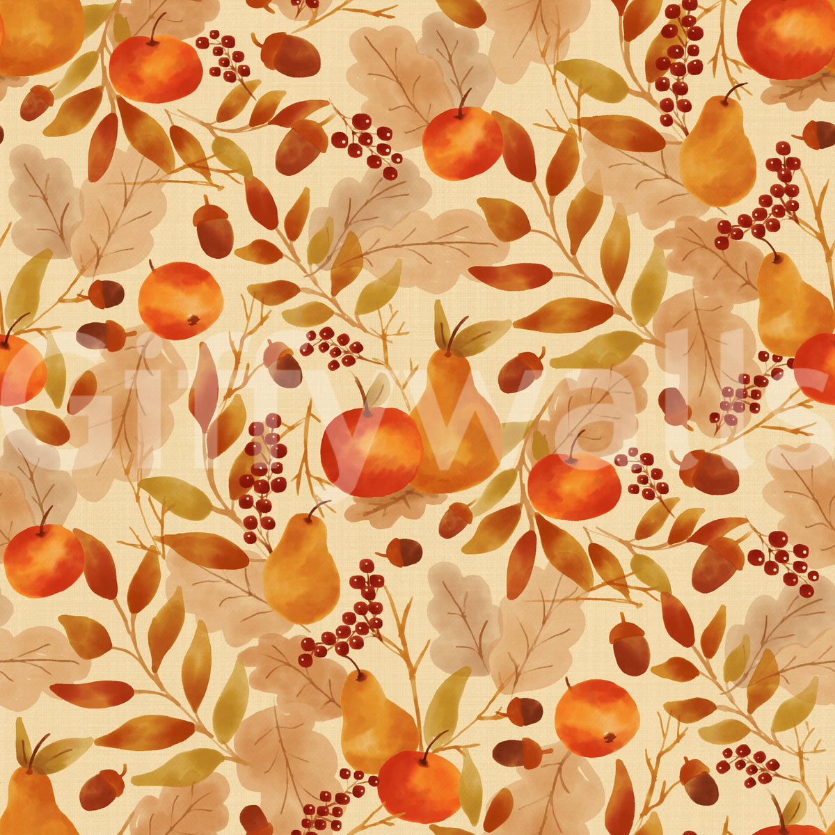 Watercolor Autumn Fruit Leaves Cream Background Harvest Pattern Wallpaper⁠