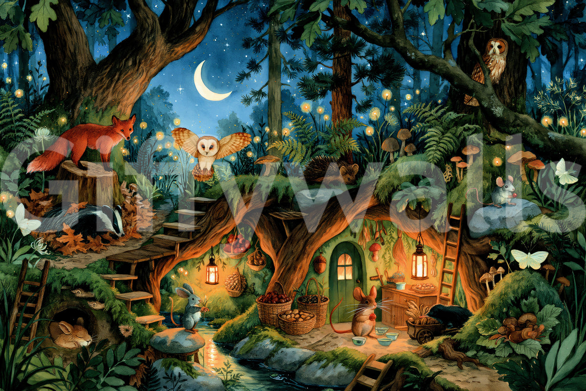 Nocturnal Forest Animal Gathering Wall Mural