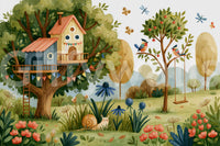 Whimsical Treehouse Garden Scene Wall Mural
