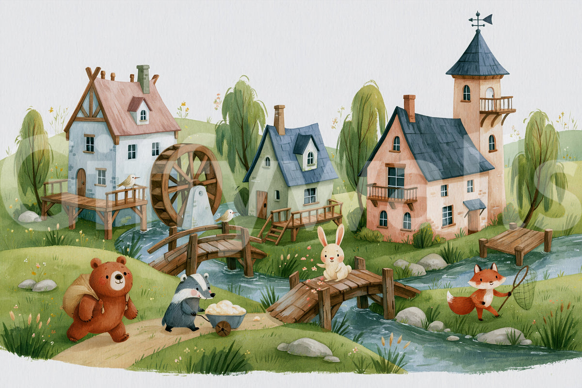 Animated Forest Mill Village Wall Mural