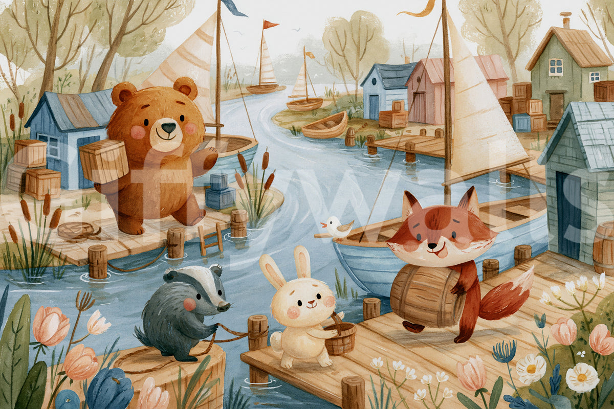 Friendly Woodland Friends at the Docks Wall Mural