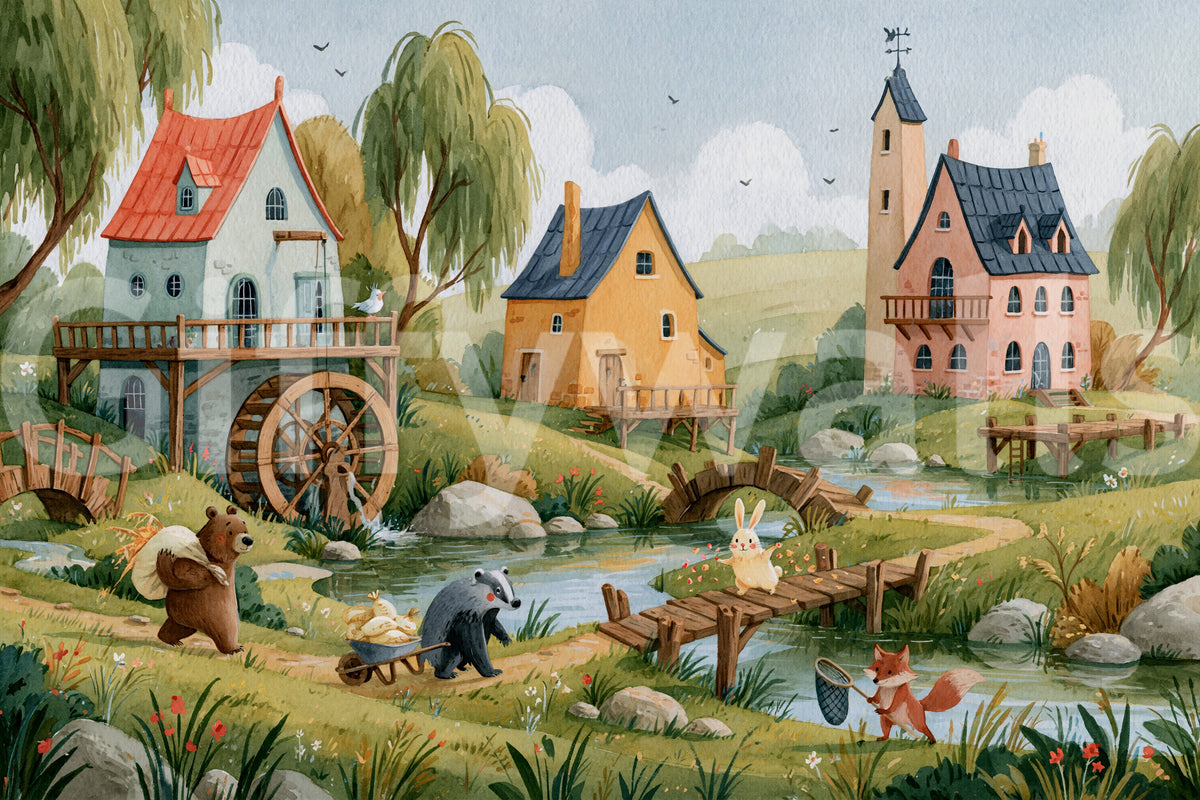 Enchanted Riverbank Woodland Animal Village Wall Mural