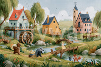 Enchanted Riverbank Woodland Animal Village Wall Mural