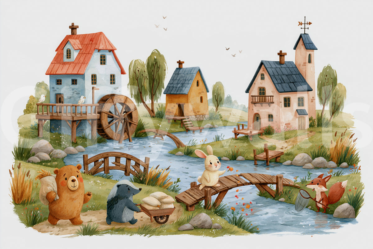 Rustic Woodland Village Friends Wall Mural