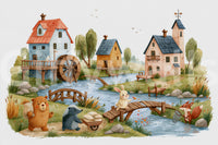 Rustic Woodland Village Friends Wall Mural