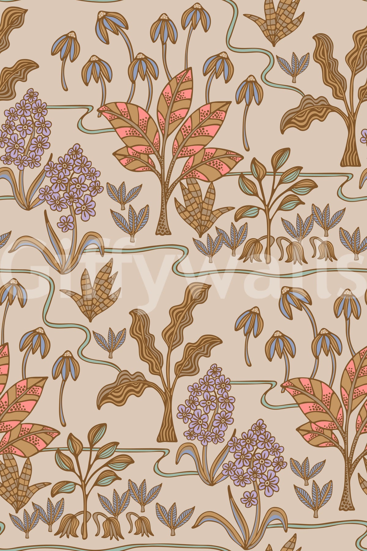 Tropical Garden Toile Charming Floral Botanical Warm Pastels Wallpaper⁠