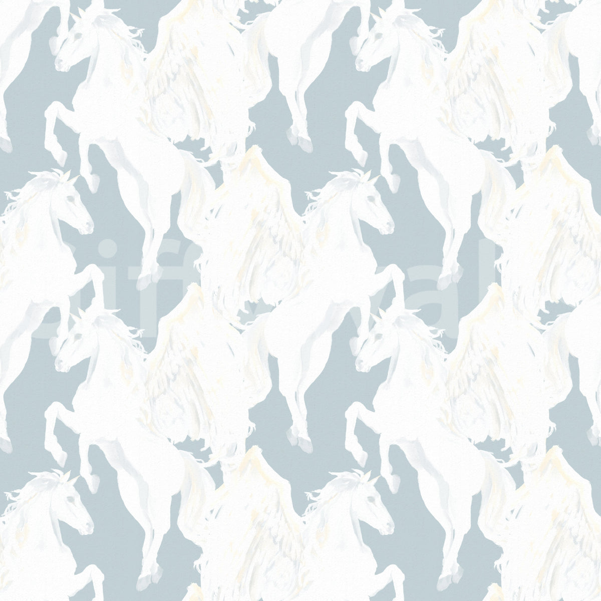 Ethereal Winged Horses on Soft Blue Wallpaper⁠