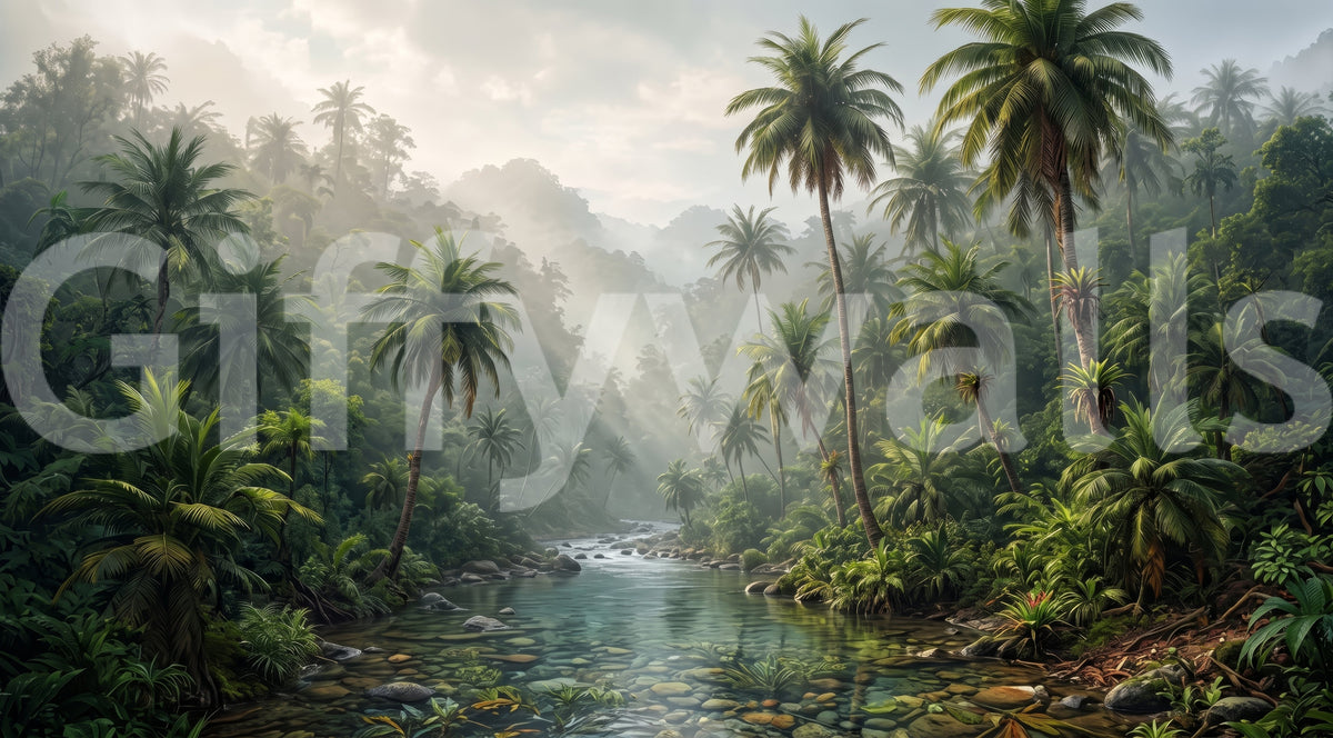 Misty Tropical River Valley Wall Mural