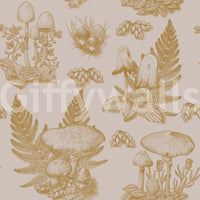 Mushroom - Autumnal Toile de jouy -  Gold Wallpaper⁠
