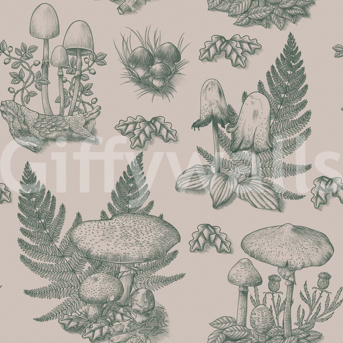 Mushroom - Autumnal Toile de jouy - Green Wallpaper⁠