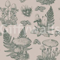 Mushroom - Autumnal Toile de jouy - Green Wallpaper⁠