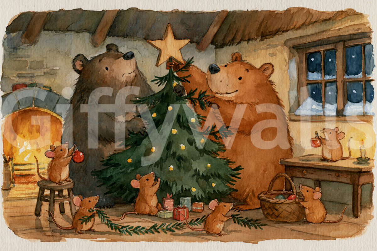 Woodland Friends Bears Decorate A Christmas Tree With Little Mice Tale Wall Mural