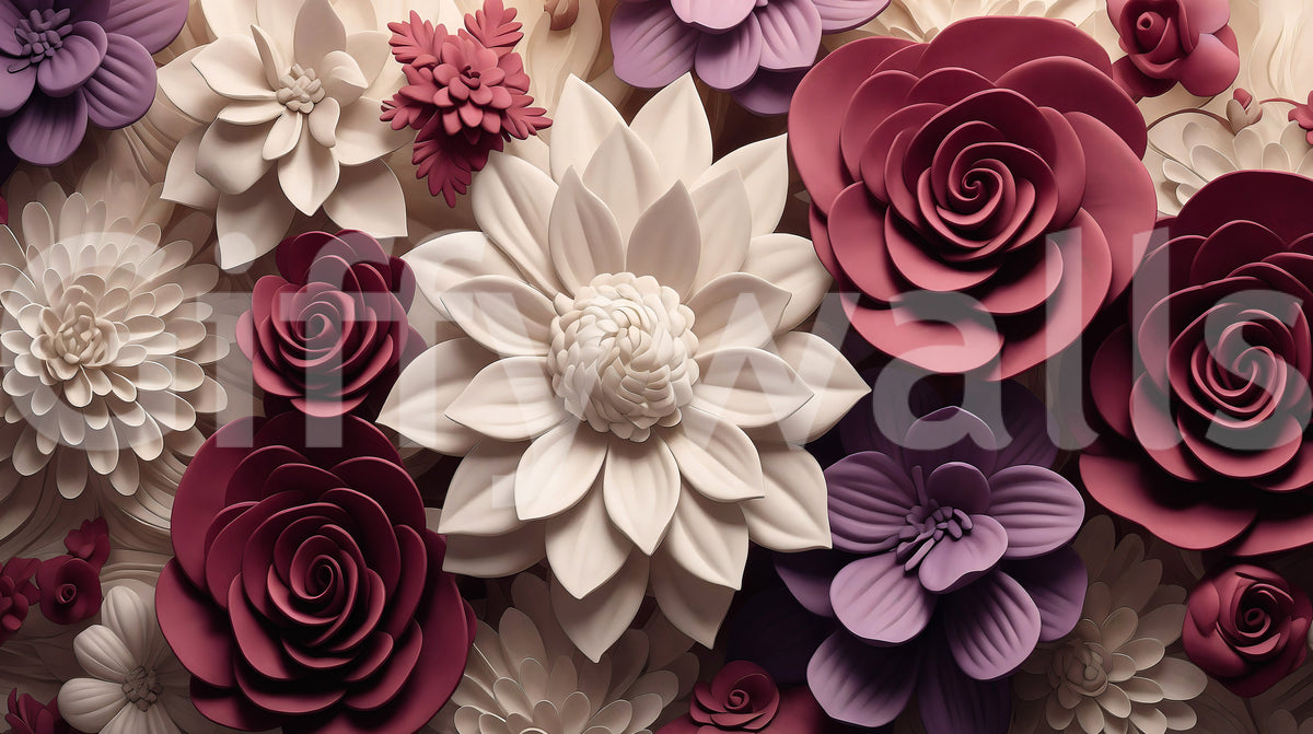 3D Velvet Bloom Dimensions in Burgundy and Lilac Wall Mural