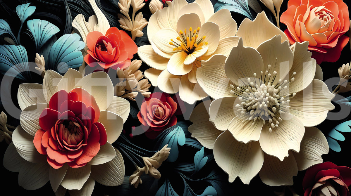 3D Flowers  Coral and Cream Wall Mural