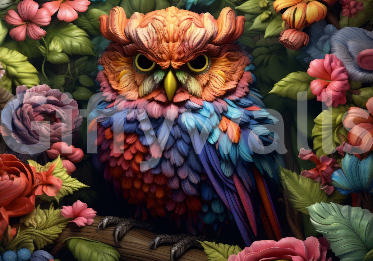 Vibrant Rainbow Owl Amongst Garden Blooms Wall Mural