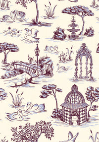 Modern Toile de Jouy Swan Victorian Garden Scenery - Unexpected Contrast Wallpaper⁠