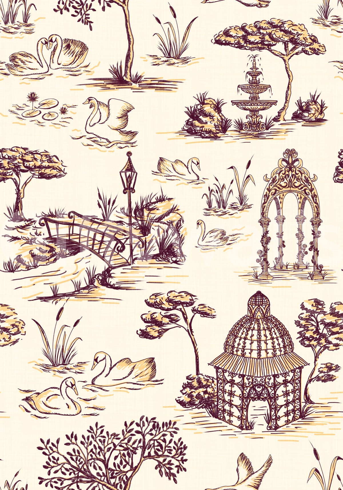 Modern Toile de Jouy Swan Victorian Garden Scenery - Rich Contrast Wallpaper⁠