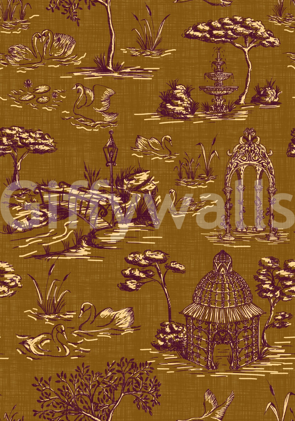 Modern Toile de Jouy Swan Victorian Garden Scenery - Regal Gilded Warmth Wallpaper⁠