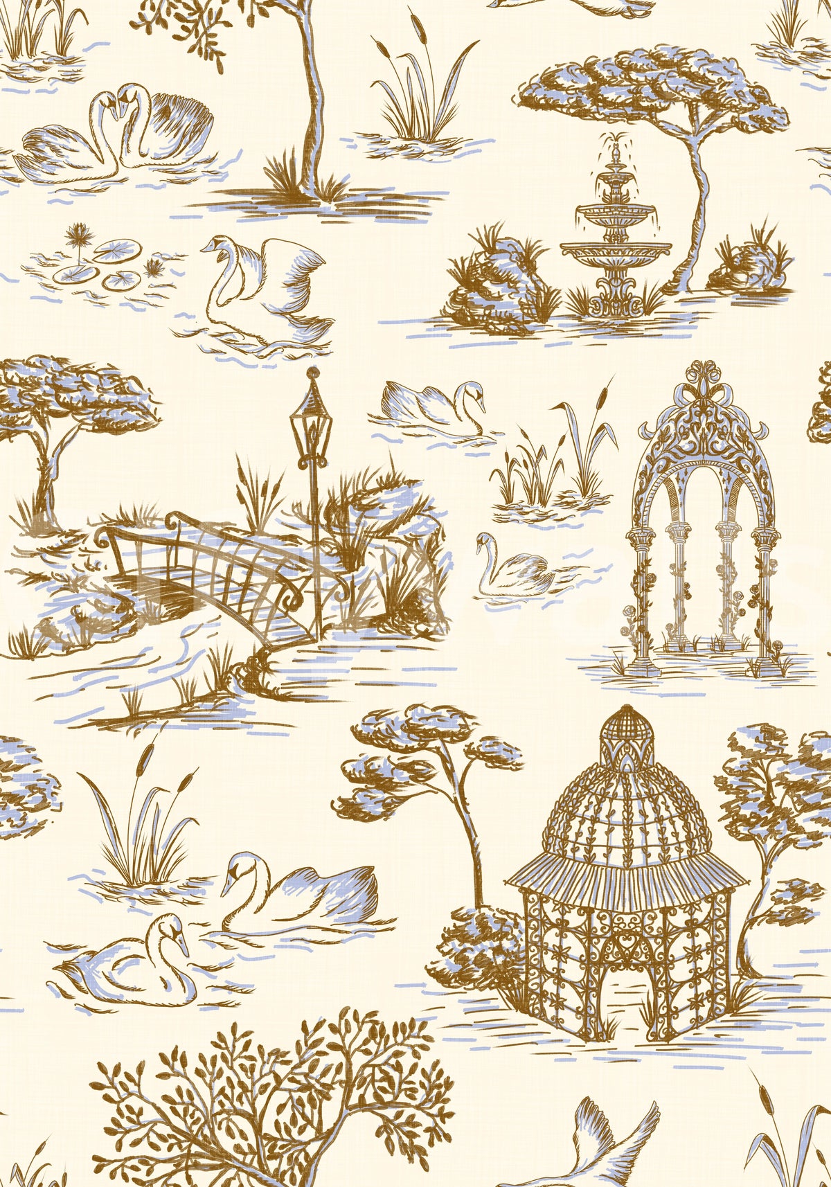 Modern Toile de Jouy Swan Victorian Garden Scenery - Gilded Contrast Wallpaper⁠