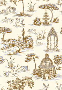 Modern Toile de Jouy Swan Victorian Garden Scenery - Gilded Contrast Wallpaper⁠