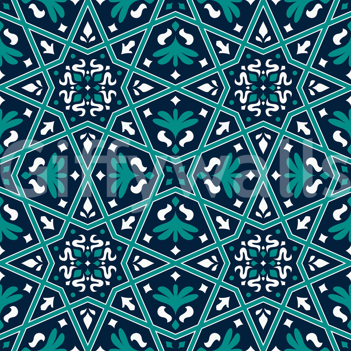 Midnight Teal Geometric Star Tile Wallpaper⁠