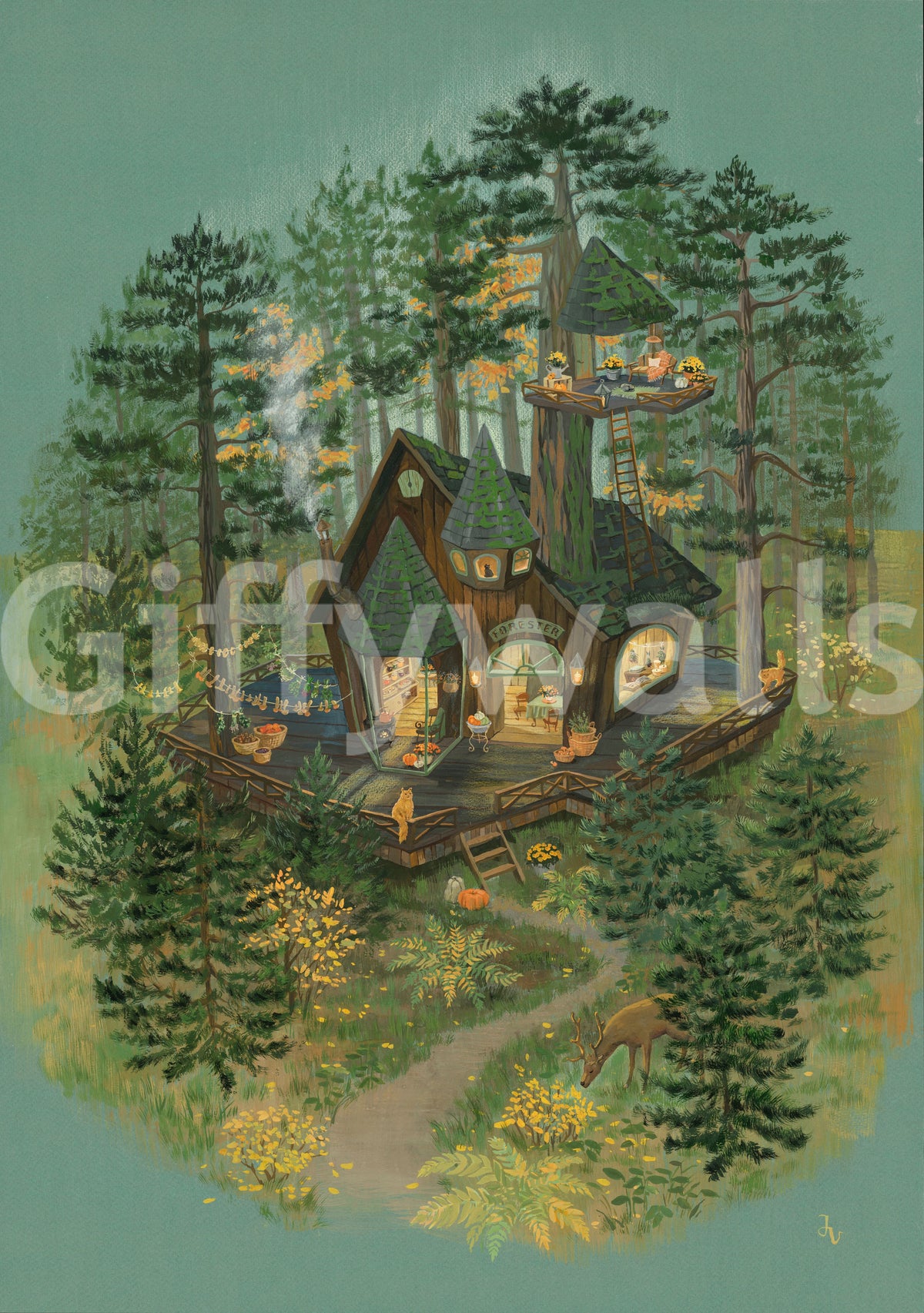 Forester's Woodland Retreat Illustration Wall Mural