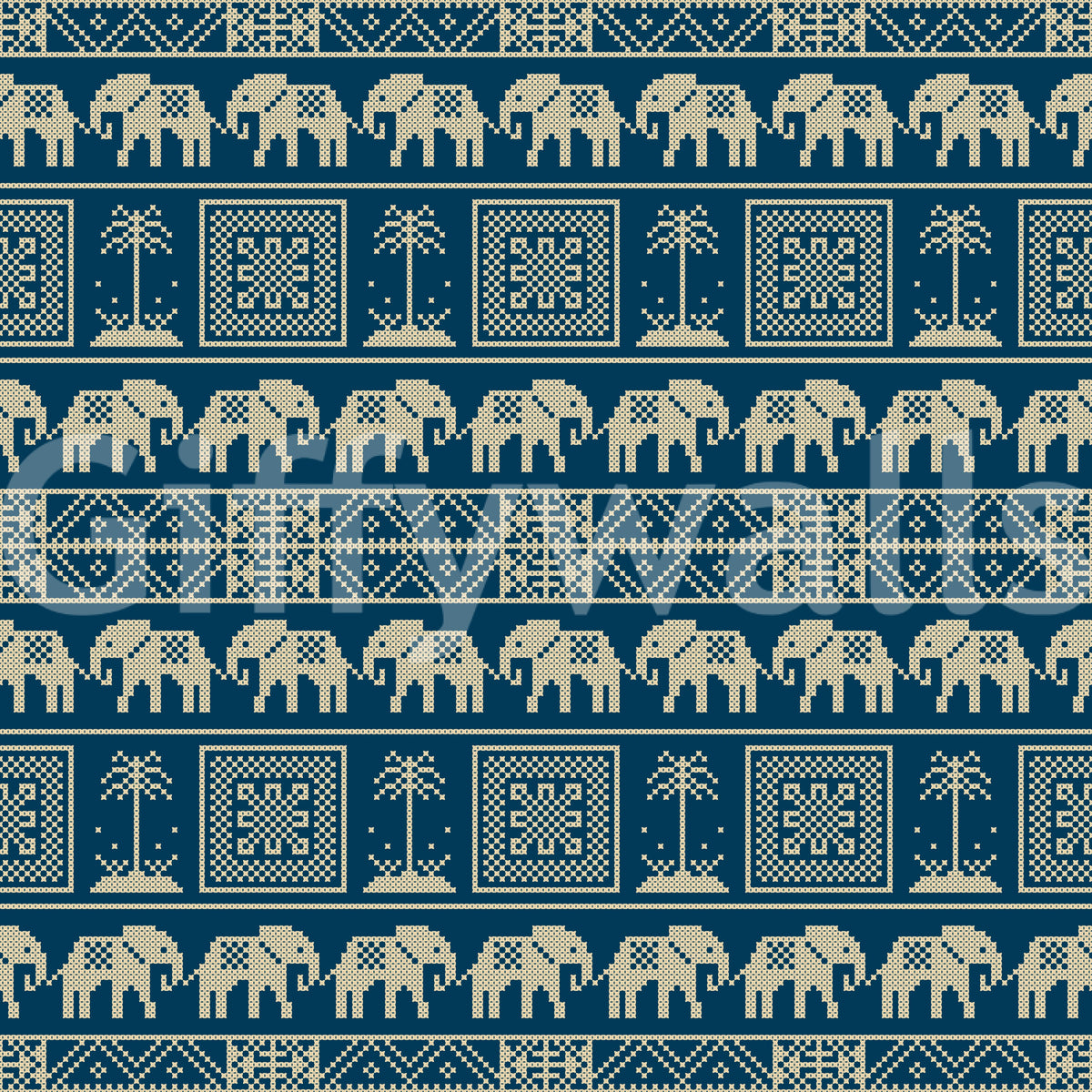 Folklore Elephant and Palm Motif Wallpaper⁠