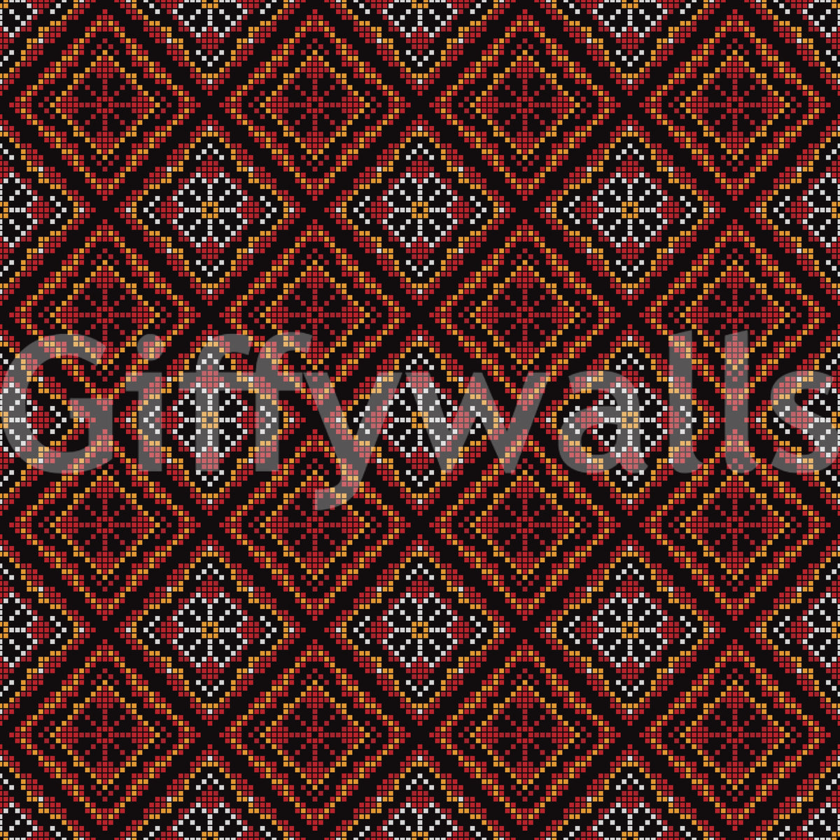 Dark Ethnic Mosaic Grid Motif Wallpaper⁠