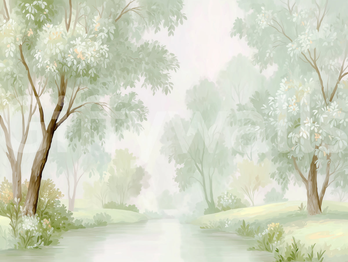 Misty Morning Riverside Forest Wall Mural
