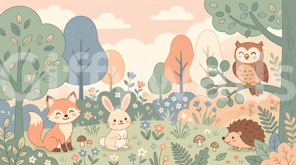 Friendly Woodland Creatures in Soft Pastel Forest Wall Mural