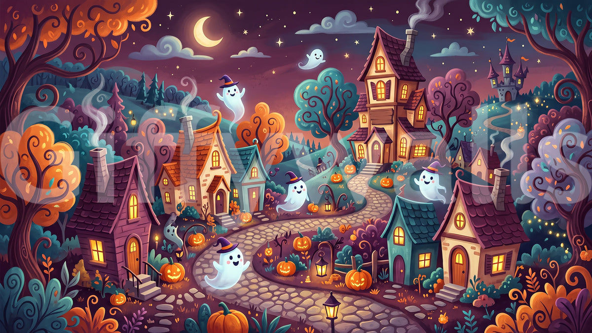 Whimsical Ghostly Village Night Wall Mural