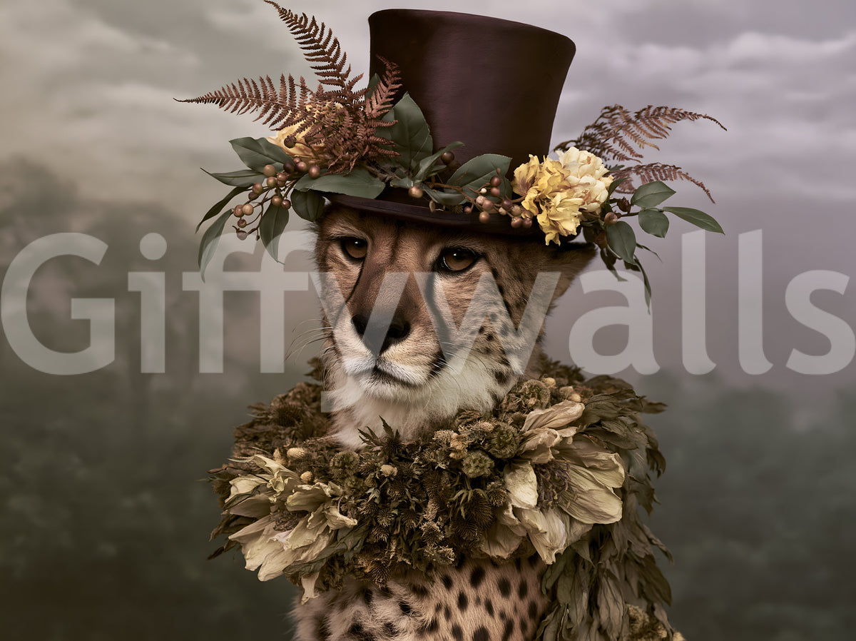 Cheetah in Top Hat with Floral Crown Wall Mural