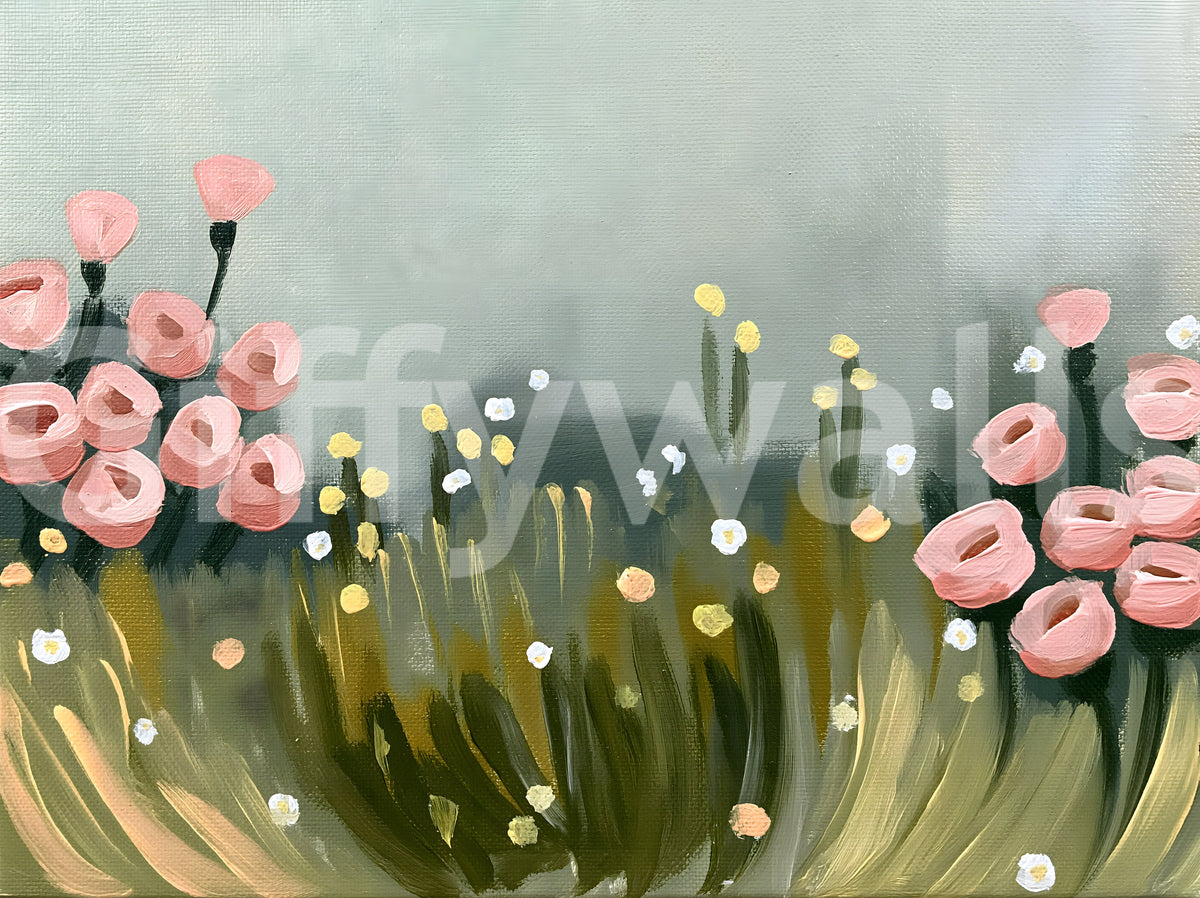 Soft Pink Petals in Meadow Haze Wall Mural