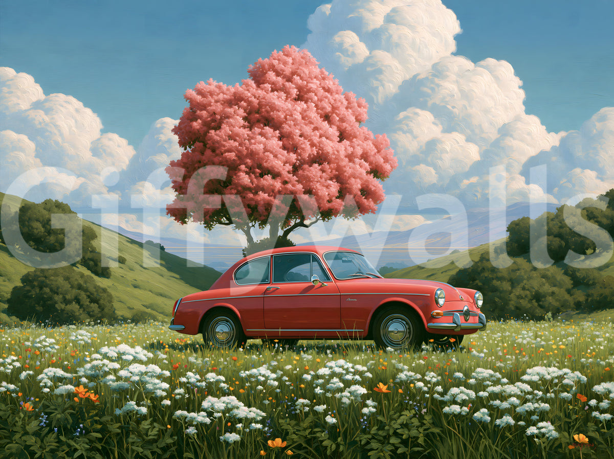 Vintage Red Coupe in Spring Meadow Wall Mural