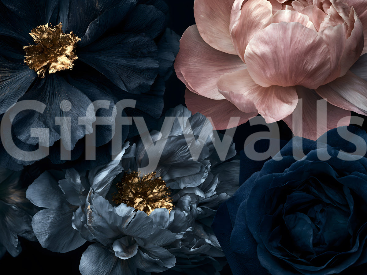 Midnight Peony Blooms with Gold Accents Wall Mural