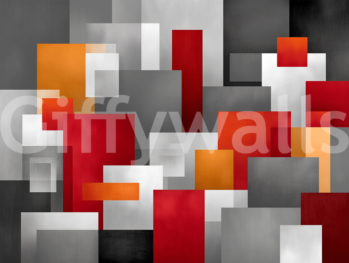 Geometric Red and Grey Block Composition Wall Mural