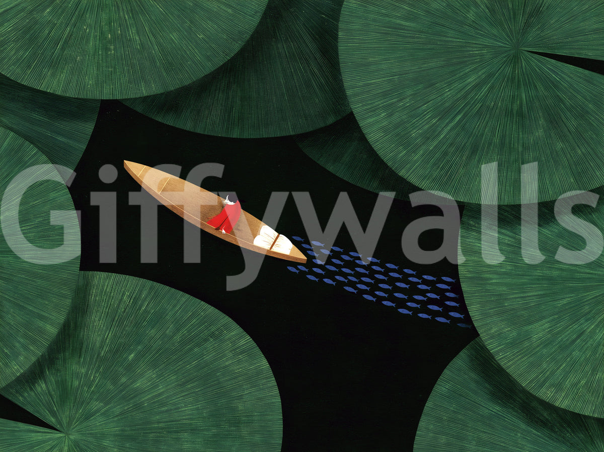 Lone Traveler Amidst Green Lily Pads Wall Mural