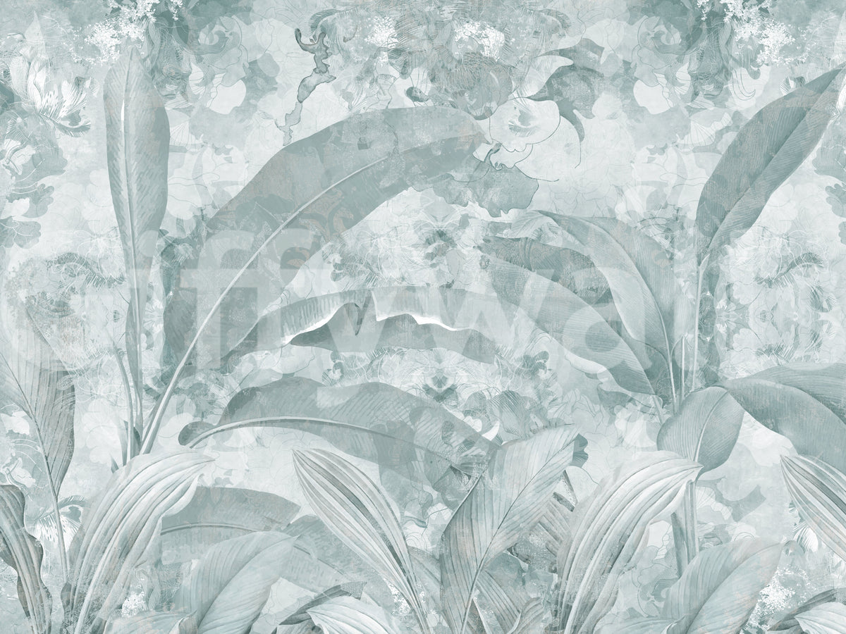 Ocean Aqua Tropical Leaves Wall Mural Wall Mural