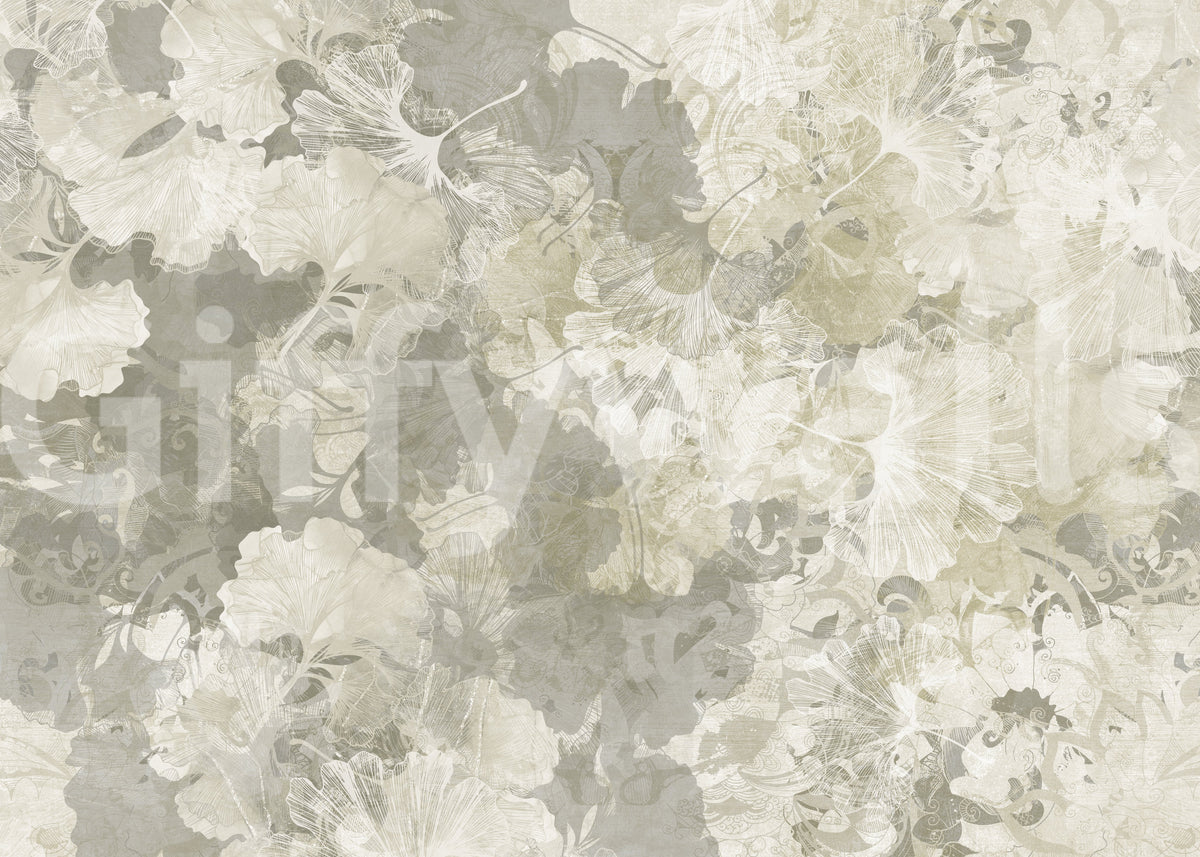Ginkgo Biloba Leaves Muted Grey Wall Mural Wall Mural