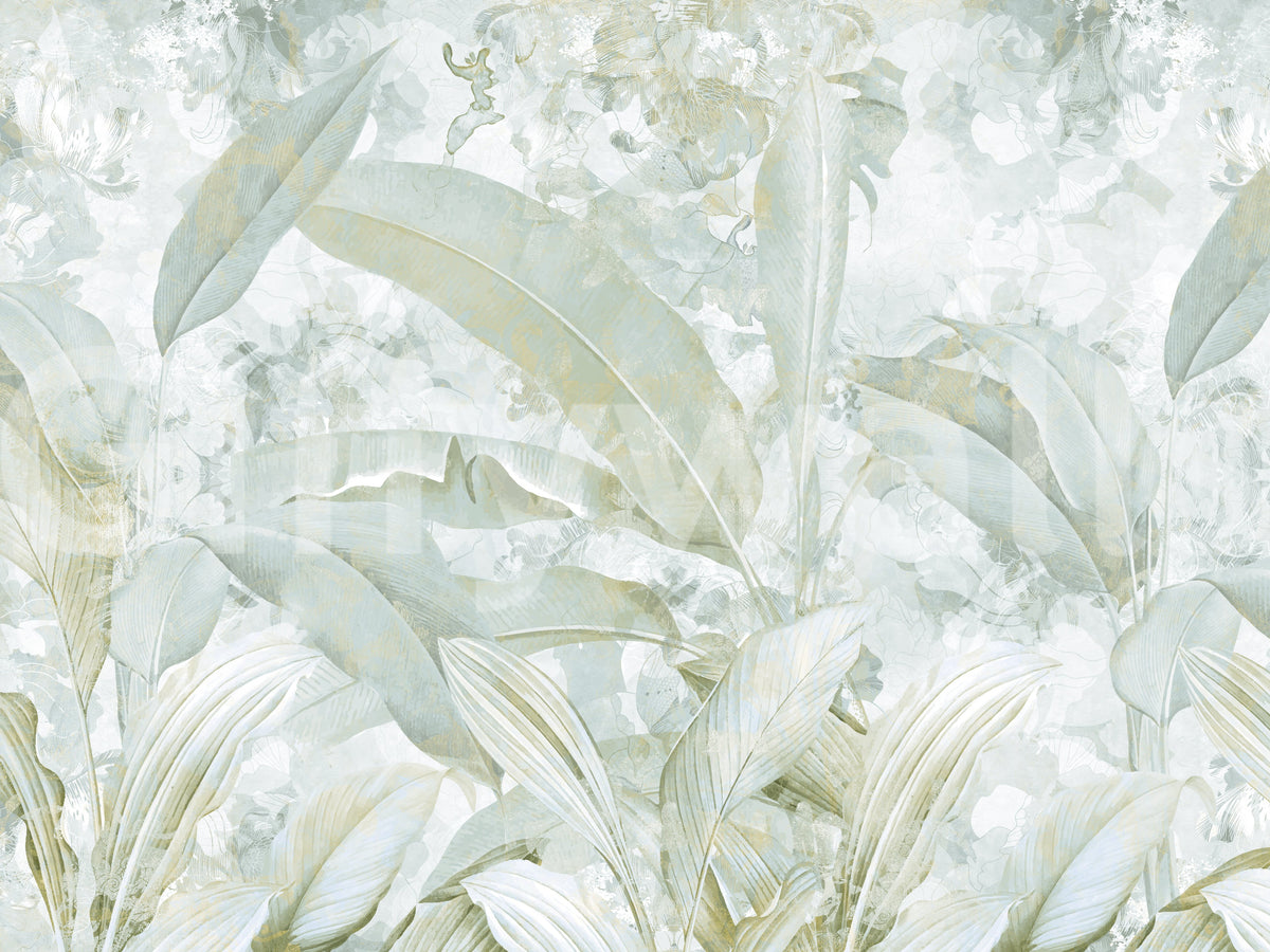 Sage Green Gold Tropical Botanical Leaf Wall Mural Wall Mural