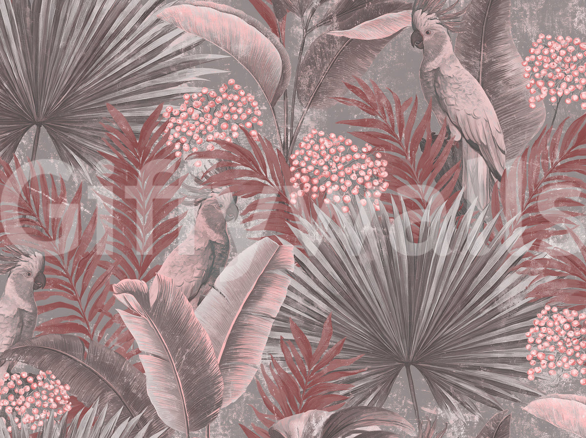 Muted Pink Cockatoo Tropical Foliage Wall Mural