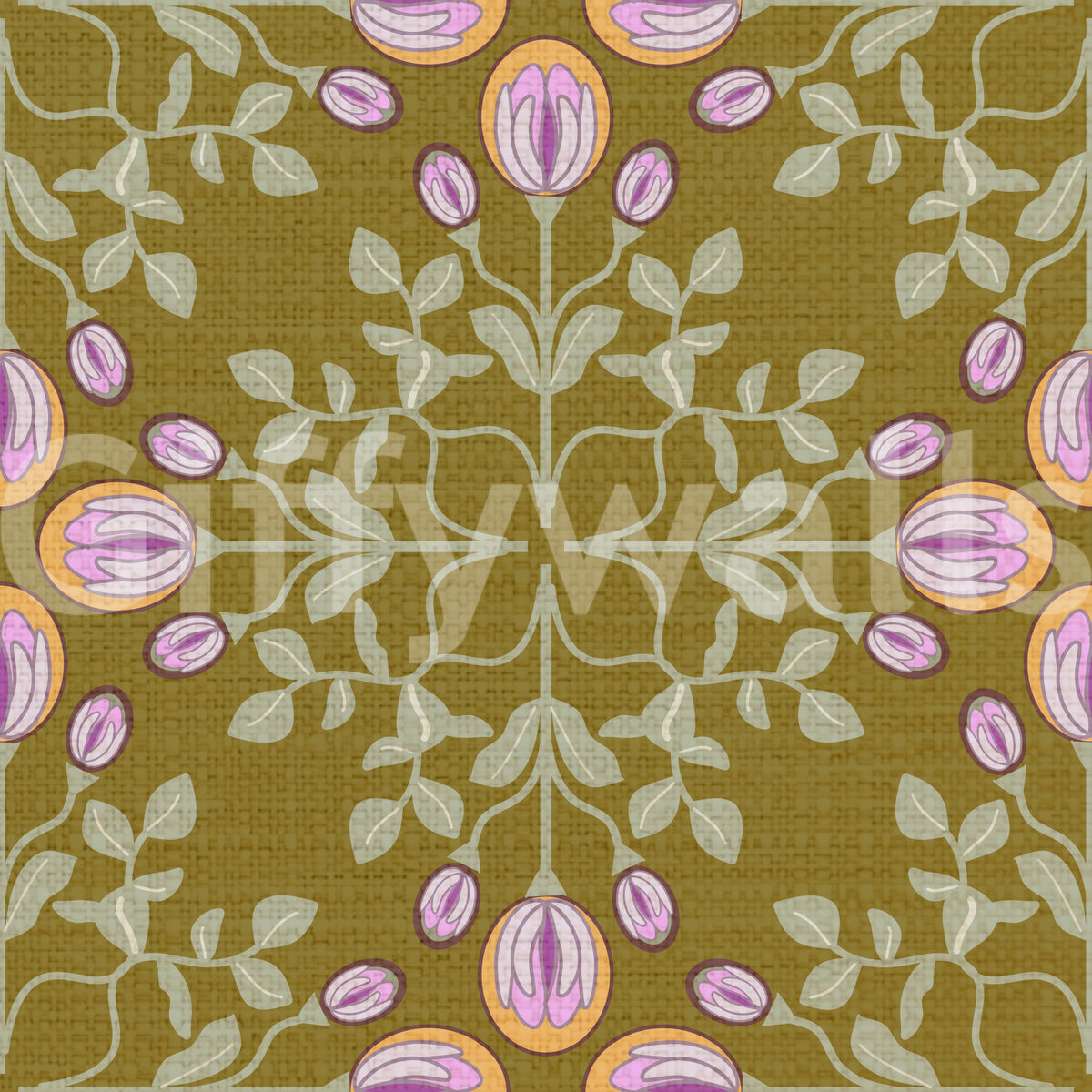 Symmetric Floral Renaissance on Olive Green Wallpaper⁠